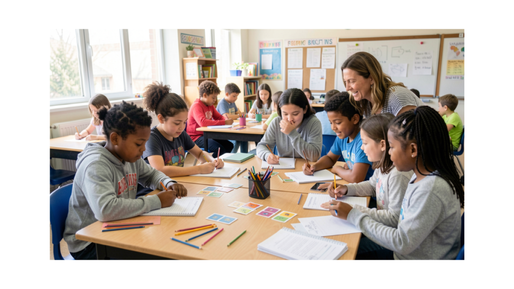 Students participating in Hands-on low-tech classroom activities using paper and pencils
