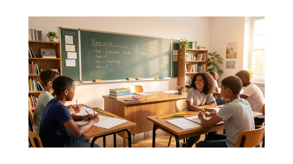Low-tech materials on a classroom desk including books, worksheets, and pencils