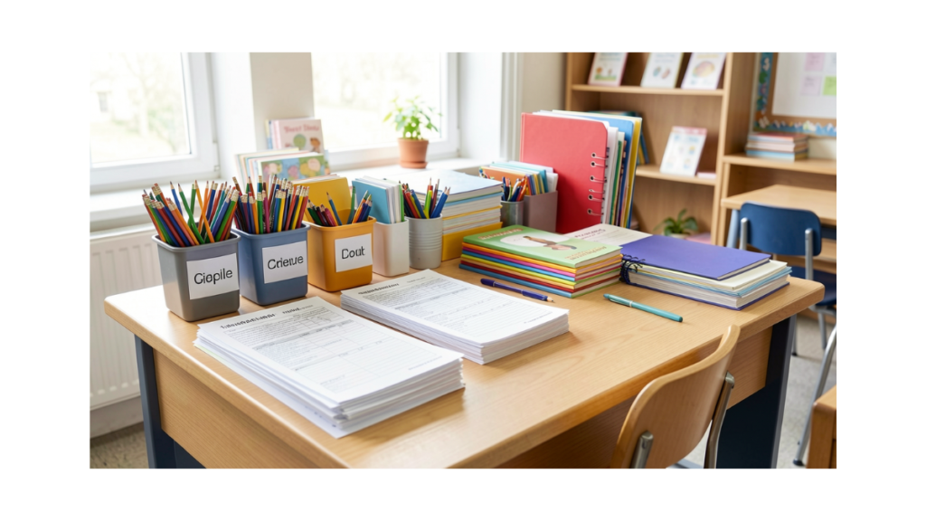Organized teacher desk with worksheets, folders, and classroom supplies for low-tech teaching