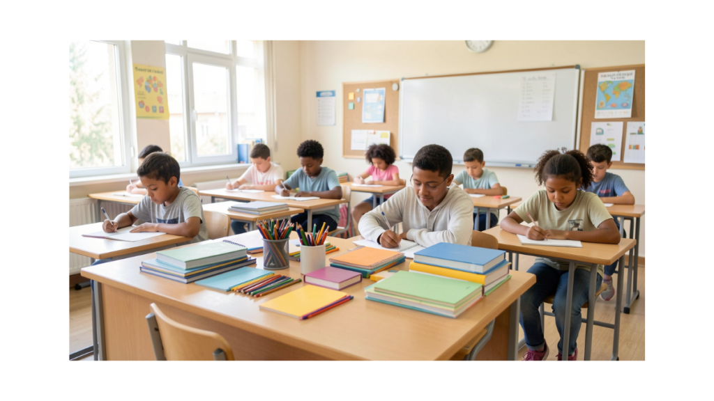 Students working on paper worksheets in a low-tech classroom