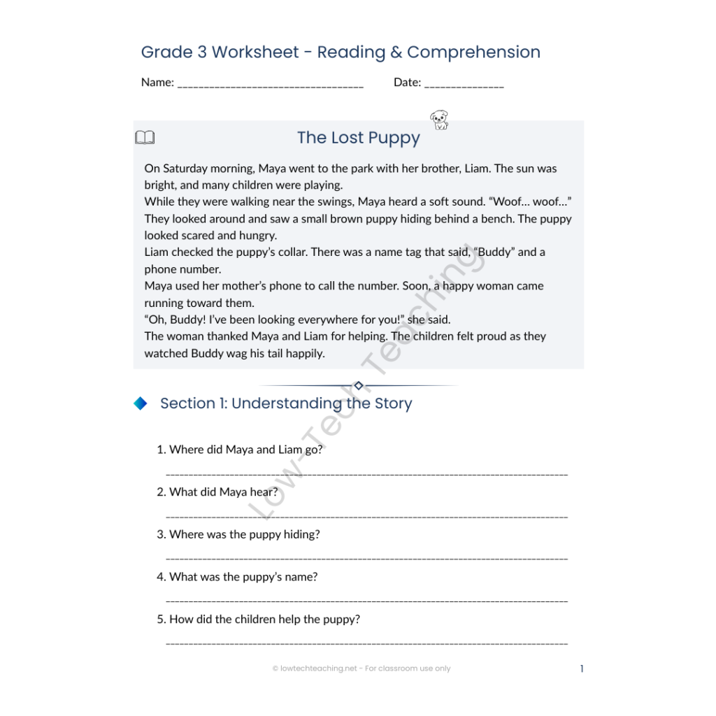 Fictional reading comprehension worksheet about a lost puppy