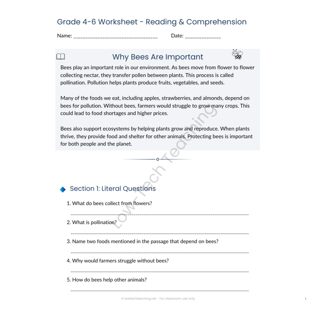 Printable reading comprehension worksheet about bees with comprehension questions