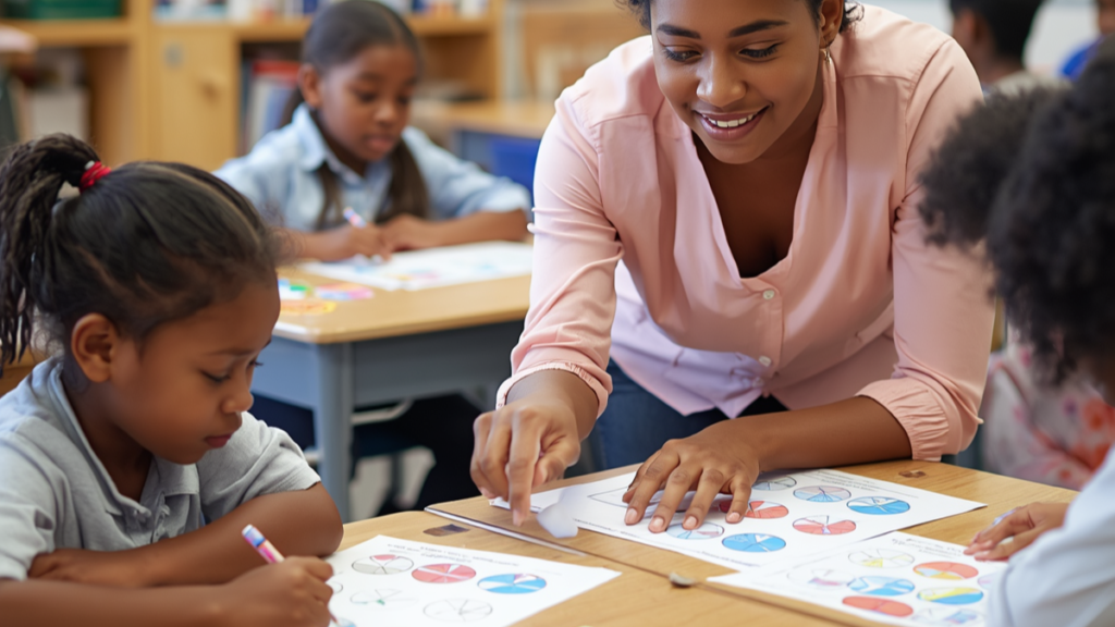Students learning fractions using hands-on activities and worksheets