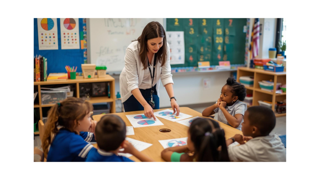 Teacher explaining fractions using visual aids and worksheets