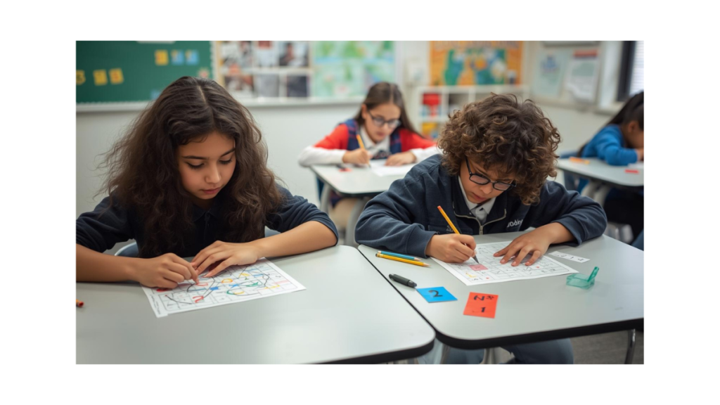 Students solving critical thinking and logic worksheets in a classroom