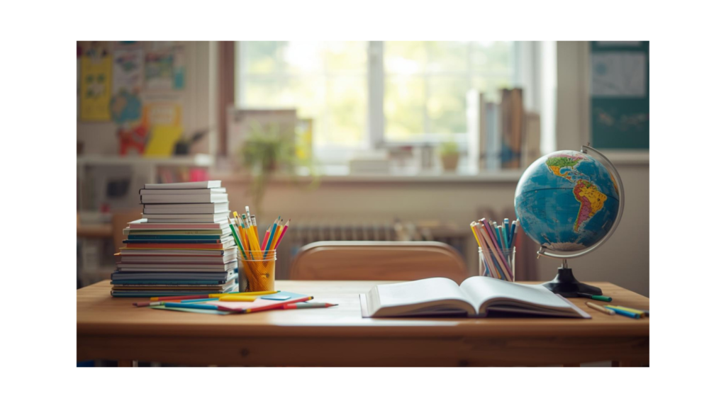 Essential teaching supplies on a teachers desk including globe, markers, pencils, book and notebooks