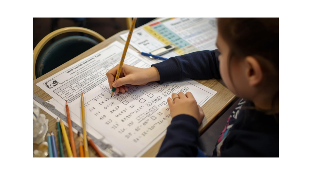 Student completing a printed math worksheet in a classroom.