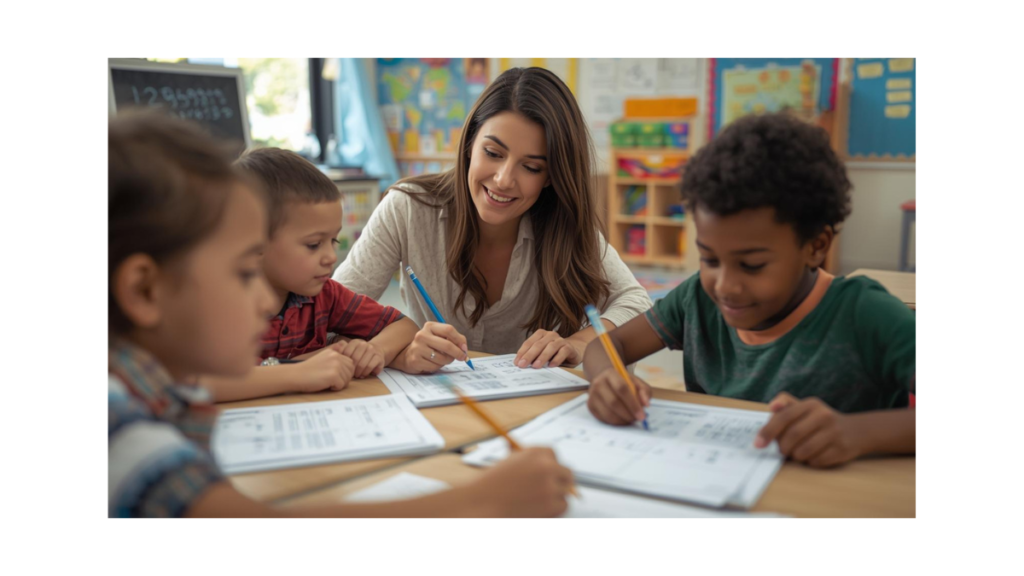 teacher helping students solve math word problems on worksheets