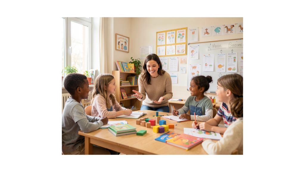 Teacher interacting with students using low-tech classroom tools