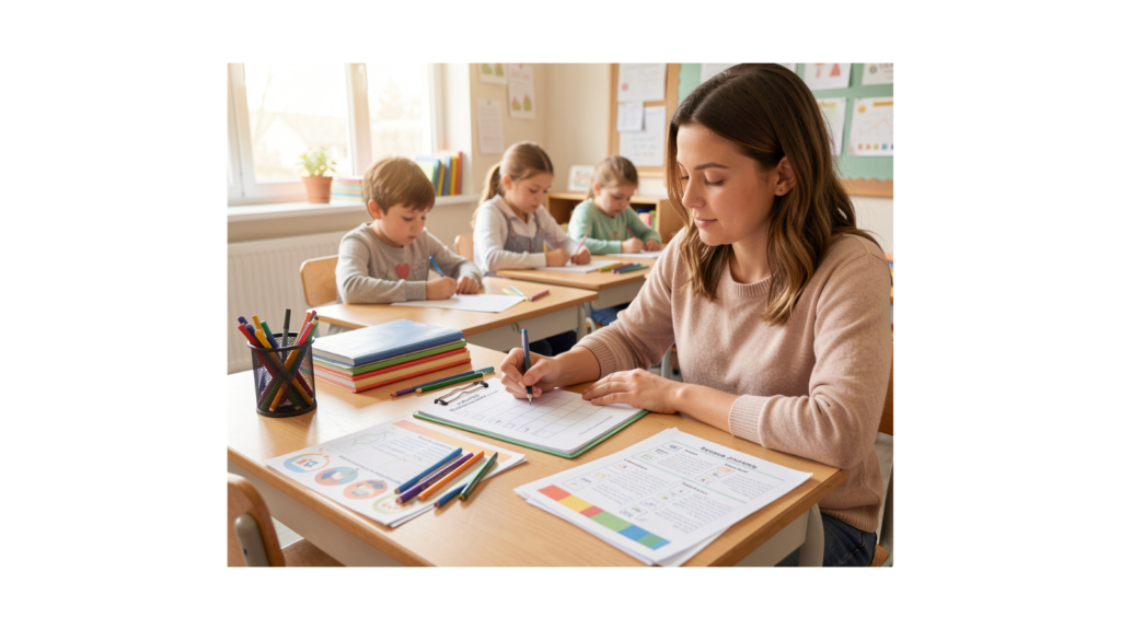 Teacher using printable low-tech teaching materials in classroom - Start Here guide