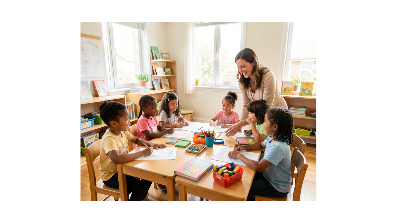 Teacher using printable classroom worksheets for lesson planning