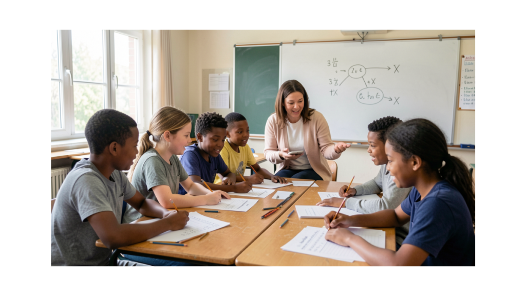 Teacher guiding students through problem solving activity using paper worksheets in a low-tech classroom
