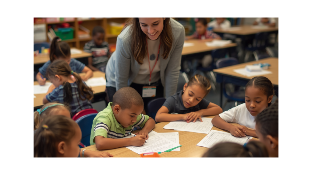 Teacher differentiating instruction in a low-tech classroom with mixed-ability students