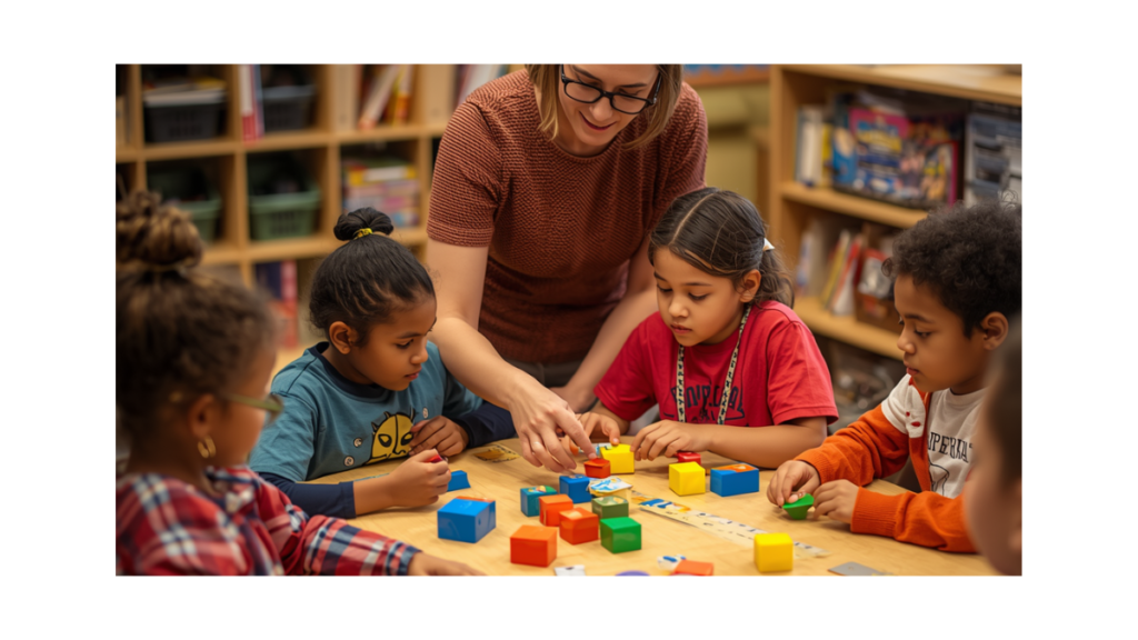 Teacher demonstrating measurement activities in a kindergarten classroom using hands-on materials