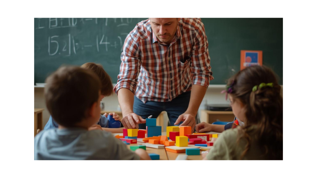 Teacher using low-tech math teaching strategies with hands-on materials in a classroom