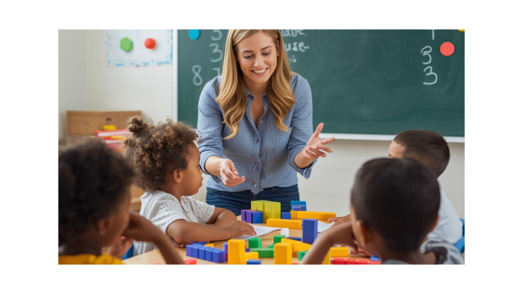Teacher demonstrating math with blocks and shapes
