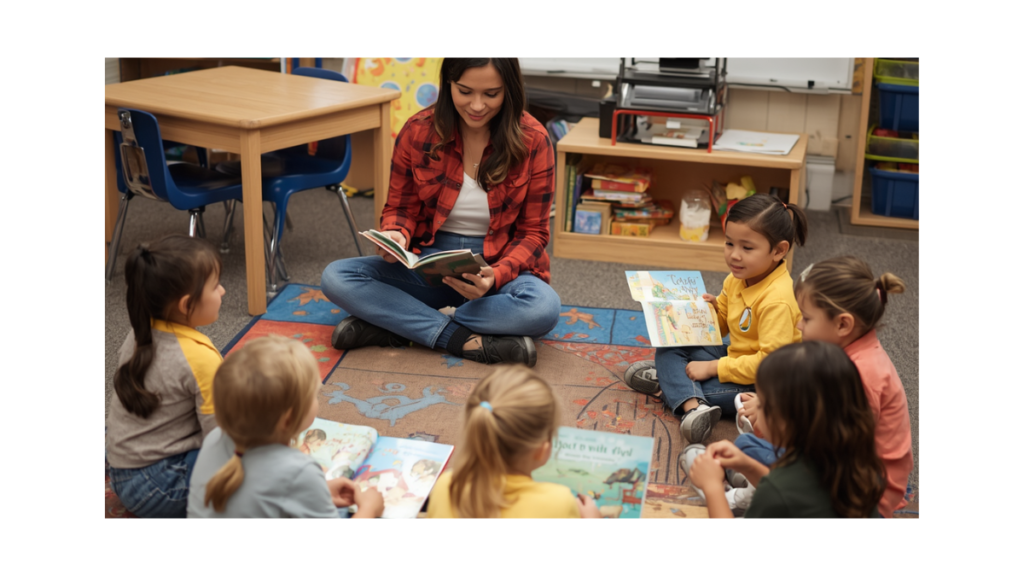 Teacher using reaading comprehension strategies with early learners during classroom read-aloud activity
